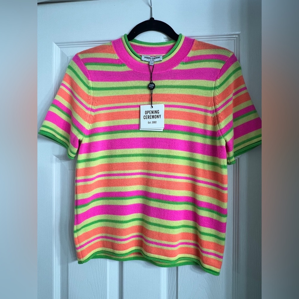 Opening Ceremony Neon Stripe Short Sleeve Knit Top - Pink, Green, Orange